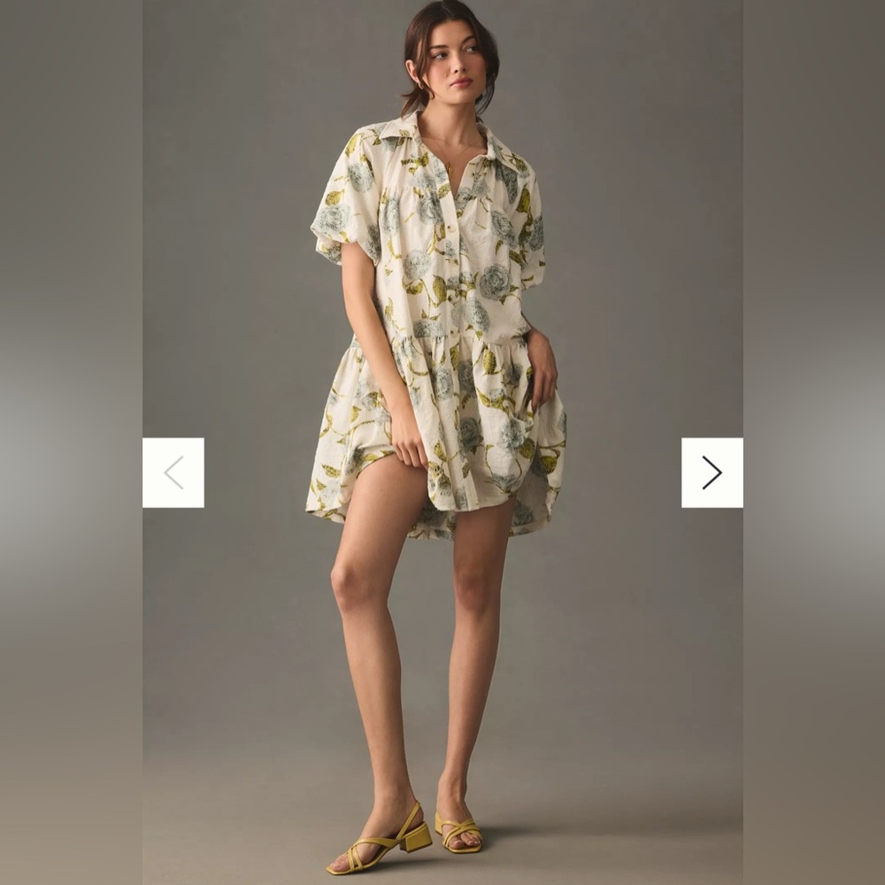 Anthropologie En Saison puff sleeve shirt dress floral‎ hydrangeas blue XS